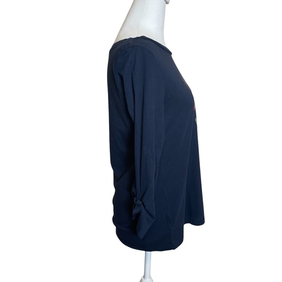 LOFT Outlet Navy Blue Garden Nature Graphic Top 3/4 Tie Sleeves Small Flower - Picture 3 of 9
